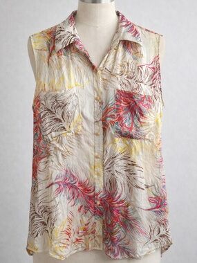 CAbi Cream Button-Front Blouse with Multicolor Feather Print